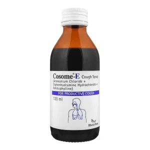 Brown glass bottle of Cosome-E Cough Syrup (Ammonium Chloride + Diphenhydramine Hydrochloride + Aminophylline) by Martin Dow for Productive Cough — 120ml bottle.