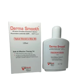 Box and bottle of Derma Smooth (Fluocinolone Acetonide USP 0.01% w/v) Topical Steroid in Olive Oil Lotion by Valor Pharmaceuticals ISO 9001:2015 Certified — 120ml pack.