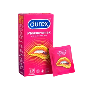 Durex Pleasuremax Condoms with Dots and Ribs – Pack of 12, pink packaging with individual wrapper