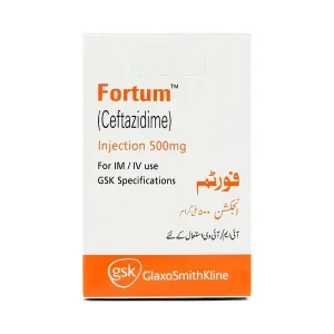 Fortum Ceftazidime Injection 500mg by GlaxoSmithKline for IM/IV use – white and orange packaging