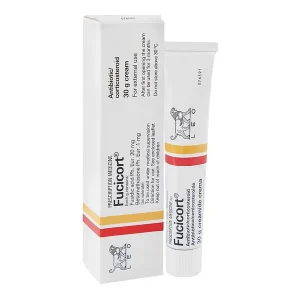 Box and tube of Fucicort Cream (Fusidic Acid 20mg + Betamethasone 1mg) Antibiotic/Corticosteroid by LEO Pharma for External Use — 30g cream tube.