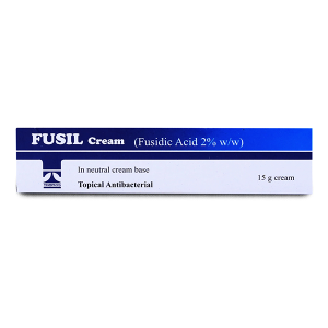 Fusil Cream 15g Fusidic Acid 2% w/w topical antibacterial cream in neutral cream base by Tabros Pharma, white and blue packaging