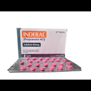 Box of Inderal 40mg (Propranolol HCl) Film Coated Tablets by Lucky Core Industries Limited (LCI), with a blister strip of pink tablets displayed in front — 50 tablets per pack.