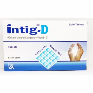 Box of Intig-D (Ossein Mineral Complex + Vitamin D) Calcium, Minerals & Vitamin D Tablets by SAMI Pharmaceuticals — 3x10 tablets per pack.