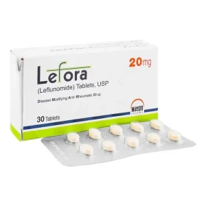 Box of Lefora 20mg (Leflunomide) Tablets USP by Hilton Pharma, a Disease Modifying Anti-Rheumatic Drug, with a blister strip of tablets displayed in front — 30 tablets per pack.