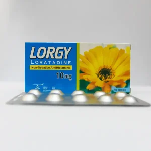 Box of Lorgy 10mg (Loratadine) Non-Sedative Antihistamine Tablets by Allmed, with a yellow flower design — 10 tablets per pack.
