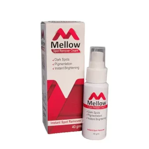 Box and pump bottle of Mellow Spot Remover Cream for Dark Spots, Pigmentation and Instant Brightening — 40grm pack.