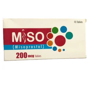 Miso 200mcg Misoprostol Tablets box of 10, white and red packaging with colorful circle design