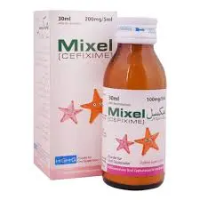 Box and bottle of Mixel (Cefixime) Oral Suspension Syrup by HSBG Pharma — 30ml bottle with 100mg/5ml strength and English labeling.