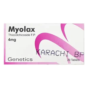 Box of Myolax 4mg (Thiocolchicoside F.P.) Tablets by Genetics Pharmaceuticals Karachi BP — 20 tablets per pack.