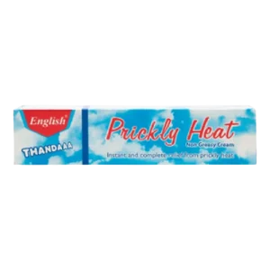 English Prickly Heat Non-Greasy Cream tube with sky blue packaging, Thandaaa formula for instant relief from prickly heat and skin irritation
