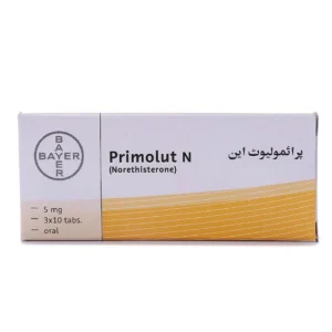 Box of Primolut N 5mg (Norethisterone) Oral Tablets by Bayer — 3x10 tablets per pack, with English and Urdu labeling.