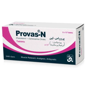Box of Provas-N (Paracetamol + Orphenadrine Citrate) Muscle Relaxant, Analgesic & Antipyretic Tablets by SAMI Pharmaceuticals — 8x12 tablets per pack.