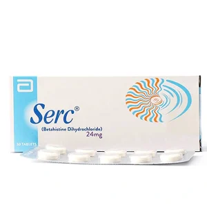 Box of Serc 24mg (Betahistine Dihydrochloride) Tablets by Abbott with a blister strip of white tablets displayed in front — 30 tablets per pack.