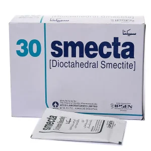 Box of Smecta (Dioctahedral Smectite) Powder Sachets by ATCO Laboratories Limited Karachi, under licence from IPSEN France — 30 sachets per pack, with one sachet displayed in front.