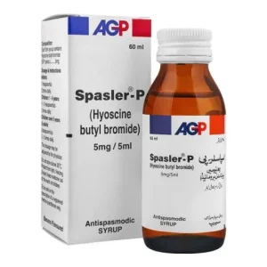 Spasler-P Hyoscine Butyl Bromide Antispasmodic Syrup 5mg/5ml 60ml by AGP – box and bottle packaging