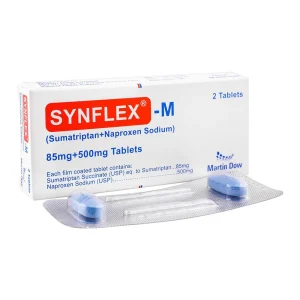 Box of Synflex-M (Sumatriptan + Naproxen Sodium) 85mg+500mg Film Coated Tablets by Martin Dow, with a blister strip of 2 blue tablets displayed in front.
