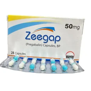 Box of Zeegap 50mg (Pregabalin) Capsules BP by Hilton Pharma with a blister strip of blue and white capsules displayed in front — 28 capsules per pack.