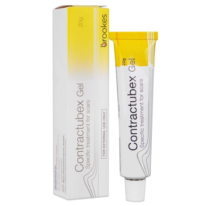 Contractubex Gel 20g specific treatment for scars by Brookes Pharma, white and yellow packaging with tube and box, for external use only