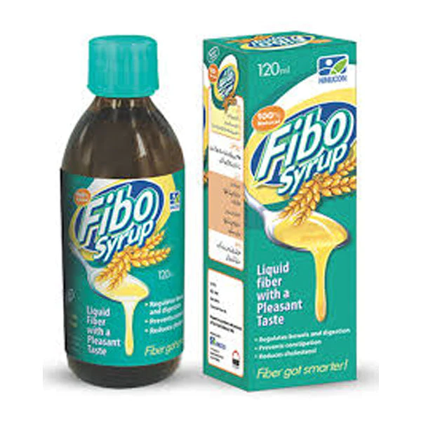 Fibo Syrup 120ml liquid fiber supplement by Henecoor, teal and gold packaging with wheat graphic, regulates bowels, prevents constipation and reduces cholesterol, 100% natural pleasant taste