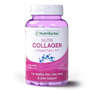 Nutrifactor Nutri Collagen Type 1 & 3 Capsules bottle of 60, for healthy skin, hair, nails and joint support, pink and white packaging