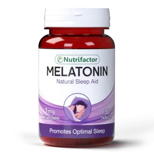 Nutrifactor Melatonin 3mg Natural Sleep Aid Tablets bottle of 30, dark red transparent bottle with purple and white label, promotes optimal sleep