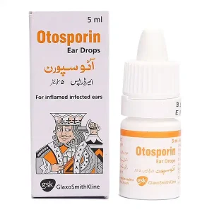 Otosporin Ear Drops 5ml by GlaxoSmithKline, for inflamed and infected ears, white and orange packaging with classic king illustration, small white dropper bottle