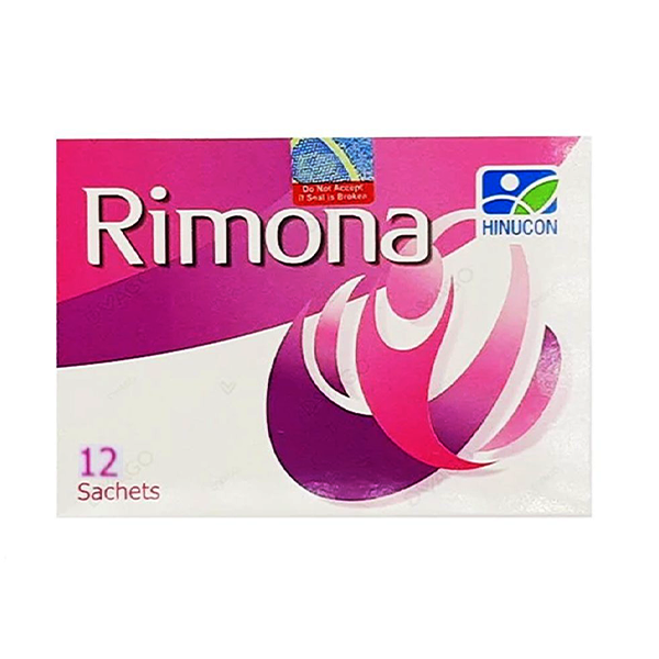 Rimona Sachet pink and white packaging by Hinucon, women's dietary supplement for PCOS and hormonal balance, 12 sachets