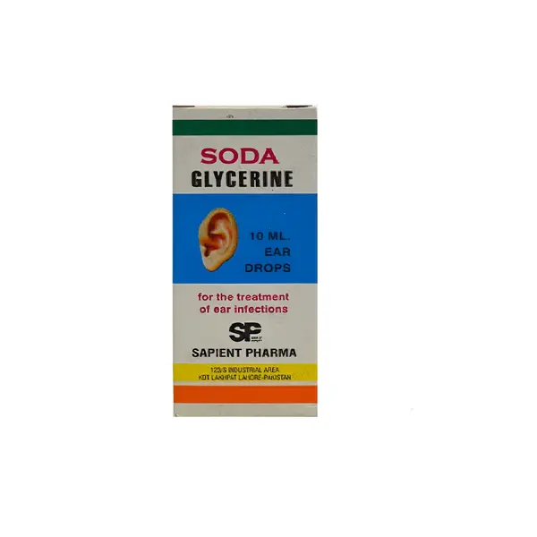 Soda Glycerine Ear Drops 10ml by Sapient Pharma Lahore Pakistan, white and multicolor packaging with ear illustration, for treatment of ear infections