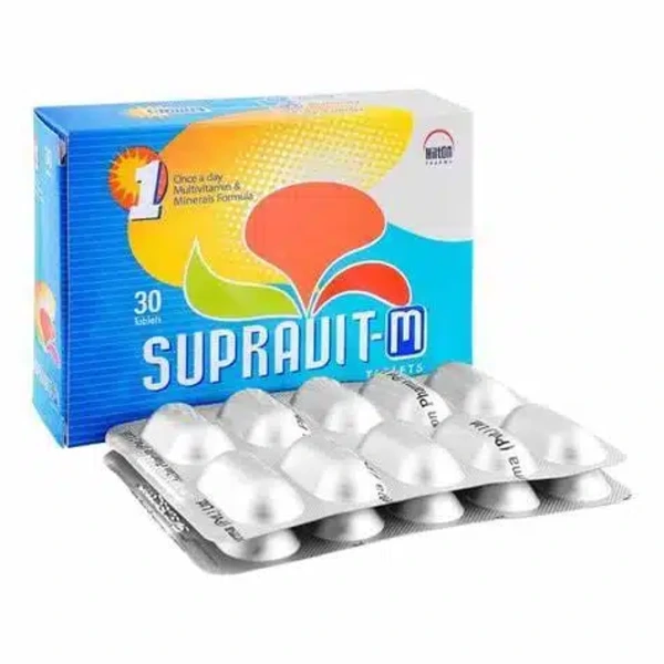 Supravit-M Multivitamin and Minerals Tablets box of 30 by Hilton Pharma, once daily formula, blue and orange packaging with silver blister strip