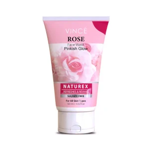 Vince Rose Face Wash 120ml Pinkish Glow with Naturex formula, sulfate free for all skin types, pink and white tube with rose flower design