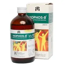 Viophos-B Syrup 240ml brown glass bottle, phosphorus and B vitamins nutritional supplement syrup, orange and white label with active people graphic