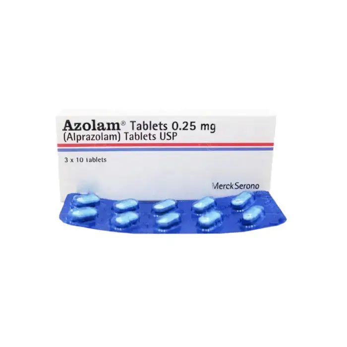 Azolam 0.25mg Alprazolam Tablets USP box of 3x10 by Merck Serono, white packaging with blue blister strip of oval blue tablets, anti-anxiety benzodiazepine medicine