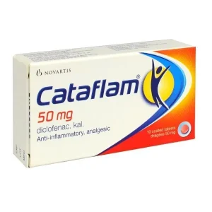 Cataflam 50mg Diclofenac Potassium Coated Tablets box of 10 by Novartis, white and orange packaging, anti-inflammatory and analgesic NSAID for pain relief