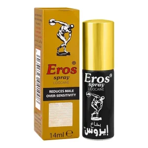 Eros Lidocaine Delay Spray 14ml for men, black and gold bottle with golden box, reduces male over-sensitivity, made in England by Sauermann Laboratories