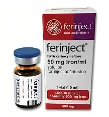 Ferinject Ferric Carboxymaltose 50mg iron/ml Injection 10ml vial, 500mg iron per vial, solution for injection and infusion, white and red packaging by Vifor Pharma