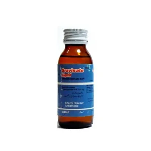 Gravinate Liquid 60ml Dimenhydrinate BP Cherry Flavour Antiemetic Syrup by Searle Pakistan, amber glass bottle with blue label, for nausea and vomiting relief