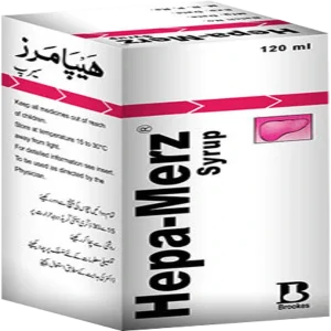 Hepa-Merz Syrup 120ml by Brookes Pharma, white and pink packaging with liver illustration, hepatic support syrup for liver health and function