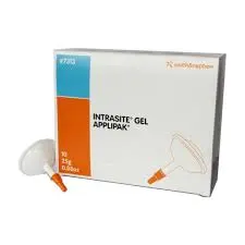 Intrasite Gel Applipak 25g wound dressing gel by Smith & Nephew, sterile hydrogel for wound management in white and orange packaging