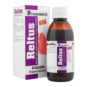 Reltus Cough Expectorant Syrup bottle and box by Pharmatec, contains Ammonium Chloride, Chlorpheniramine Maleate and Phenylephrine Hydrochloride with honey, purple and white packaging, dark amber glass bottle