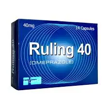Ruling 40mg Omeprazole Capsules box of 14 by Barrett Hodgson, blue packaging with circular wave design, proton pump inhibitor for acid reflux and gastric ulcer treatment