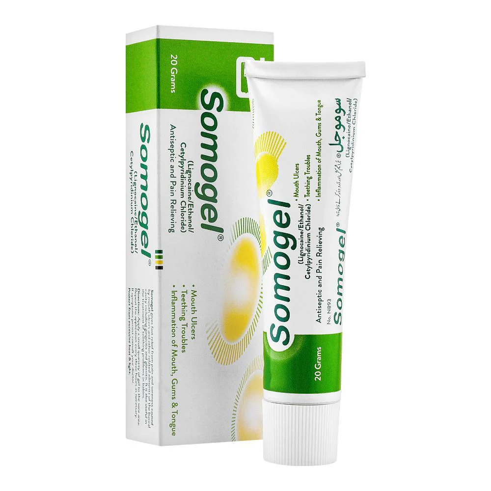 Somogel 20g Lignocaine, Ethanol and Cetylpyridinium Chloride antiseptic and pain relieving gel tube and box, for mouth ulcers, teething troubles and gum inflammation, green and white packaging