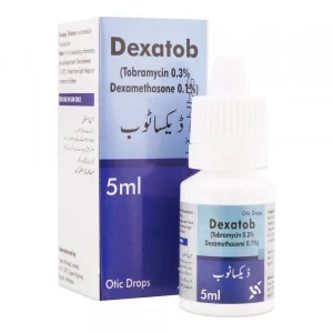 Dexatob Otic Drops Tobramycin 0.3% and Dexamethasone 0.1%, blue and white packaging with 5ml dropper bottle, for ear use only