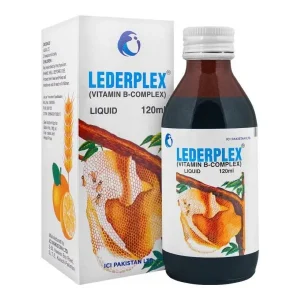Lederplex Vitamin B-Complex Liquid 120ml by ICI Pakistan Ltd, white and yellow packaging with amber glass bottle, honey and orange illustration, B vitamin supplement syrup