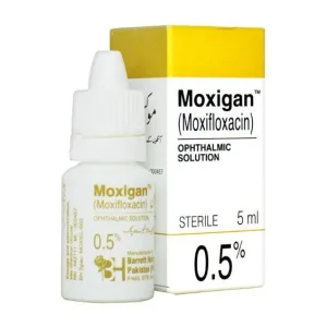 Moxigan 0.5% Moxifloxacin Ophthalmic Solution by Barrett Hodgson Pakistan, yellow and white packaging with 5ml dropper bottle, sterile eye drops