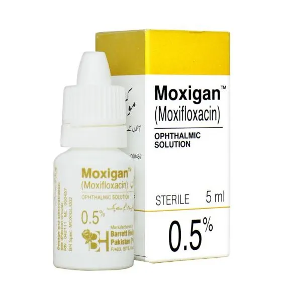 Moxigan 0.5% Moxifloxacin Ophthalmic Solution by Barrett Hodgson Pakistan, yellow and white packaging with 5ml dropper bottle, sterile eye drops