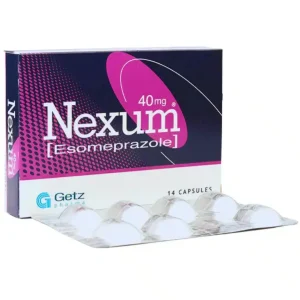 Nexum Esomeprazole 40mg capsules box with blister strip of 14 capsules by Getz Pharma