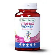 Nutrifactor Vitamax Women One A Day Multivitamin tablets, white and pink bottle, 30 tablets