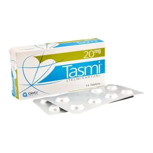 Tasmi 20mg Telmisartan Tablets by Getz Pharma, white and blue-green packaging with blister pack, 14 tablets