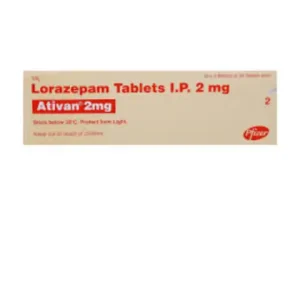 Ativan 2mg Lorazepam Tablets IP box by Pfizer, beige and red packaging, benzodiazepine anxiolytic for anxiety and insomnia treatment, store below 30°C protect from light